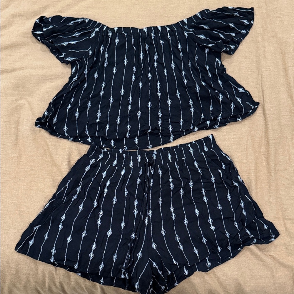 LUSH Black and White Striped Off-Shoulder Top and Shorts Set